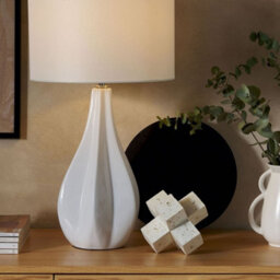 Wyld And Coco 60Cm Table Lamp - White Porcelain Teardrop Base With Beige Faux Silk Drum Shade - thumbnail 2