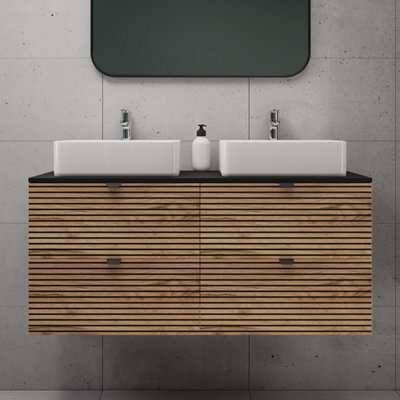Heze Furniture Loft Modern Style Ribbed Door 120Cm Bathroom Cabinet Vanity Unit With Worktop - Gold Craft Oak - image 1