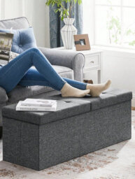 LEDREM Storage Ottoman, Padded Shoe Bench, Flip-Up Lid, Foldable, 300 Kg Load Capacity, Dark Grey - thumbnail 2