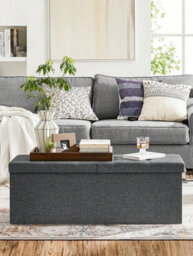 LEDREM Storage Ottoman, Padded Shoe Bench, Flip-Up Lid, Foldable, 300 Kg Load Capacity, Dark Grey - thumbnail 1