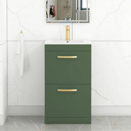 Royal Bathrooms Turin 500mm Floor Standing Vanity Unit Matt Green 2 Drawer Minimalist Basin With Brushed Brass Handles - thumbnail 1