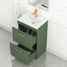 Royal Bathrooms Turin 500mm Floor Standing Vanity Unit Matt Green 2 Drawer Minimalist Basin With Brushed Brass Handles - thumbnail 5