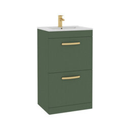 Royal Bathrooms Turin 500mm Floor Standing Vanity Unit Matt Green 2 Drawer Minimalist Basin With Brushed Brass Handles - thumbnail 6