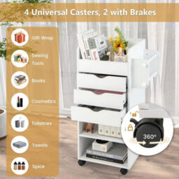 3 Shelf Rolling Cabinet 3 Drawer Filing Cabinet With 2 Rods White - thumbnail 5