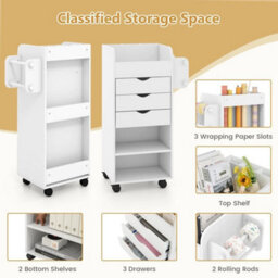 3 Shelf Rolling Cabinet 3 Drawer Filing Cabinet With 2 Rods White - thumbnail 3