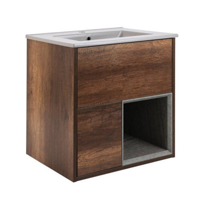 Homestylestore Dark Oak 612mm Wall Hung Bathroom Vanity Unit Led Lit Open Shelf And Pebble Basin - image 1
