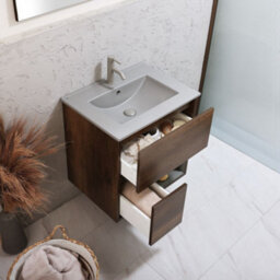 Homestylestore Dark Oak 612mm Wall Hung Bathroom Vanity Unit Led Lit Open Shelf And Pebble Basin - thumbnail 2
