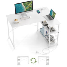 Costway L-Shaped Desk With Power Outlet Home Office Computer Desk With Reversible Shelves-White - thumbnail 2