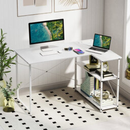 Costway L-Shaped Desk With Power Outlet Home Office Computer Desk With Reversible Shelves-White - thumbnail 1