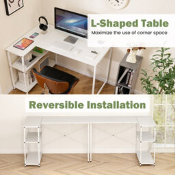 Costway L-Shaped Desk With Power Outlet Home Office Computer Desk With Reversible Shelves-White - thumbnail 6