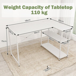 Costway L-Shaped Desk With Power Outlet Home Office Computer Desk With Reversible Shelves-White - thumbnail 3