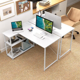 Costway L-Shaped Desk With Power Outlet Home Office Computer Desk With Reversible Shelves-White - thumbnail 4