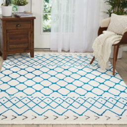 White Blue Shaggy Modern Moroccan Geometric Rug Easy To Clean Living Room Bedroom And Dining Room-66 X 229Cm (Runner) - thumbnail 2