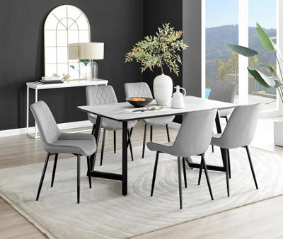 Furniturebox Carson 6 Seater White Marble Effect Rectangular Scratch Resistant Dining Table With 6 Grey Pesaro Velvet Black Leg Chairs - image 1