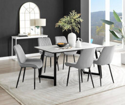Furniturebox Carson 6 Seater White Marble Effect Rectangular Scratch Resistant Dining Table With 6 Grey Pesaro Velvet Black Leg Chairs
