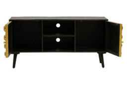 Premier Housewares Interiors By Premier Mango Wood Media Unit, Mid-Century Modern Tv Stand With Gold Accents, Black Frame With Storage Shelves - thumbnail 2