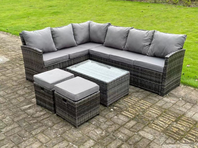 Fimous High Back Dark Mixed Grey Rattan Corner Sofa Set Outdoor Furniture Rectangular Coffee Table 2 Small Footstools 8 Seater - image 1