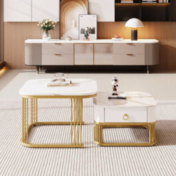 Btm Nestable Coffee Table: High Gloss Marble Exterior, Gold Accents, Side Table With Drawer. Set Of Two - thumbnail 6
