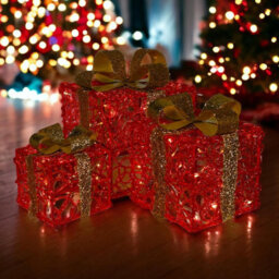 Set Of 3 Indoor Or Outdoor Led Light Up Christmas Boxes With Timer - Battery Powered Gift Present Box Illuminated Xmas Decorations - thumbnail 2