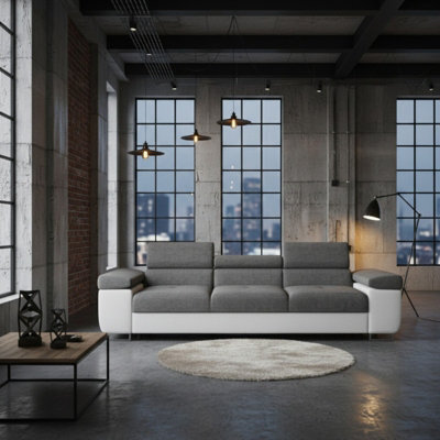 Torezio 3 Seater Sofa Bed With Adjustable Headrests And Dolphin Mechanism White And Grey - image 1