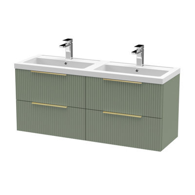 Balterley Fluted Front Wall Hung 4-Drawer Bathroom Vanity Unit With Double Basin, 1200mm, Satin Green, Brushed Brass Handles - image 1