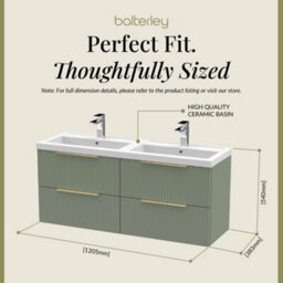 Balterley Fluted Front Wall Hung 4-Drawer Bathroom Vanity Unit With Double Basin, 1200mm, Satin Green, Brushed Brass Handles - thumbnail 5