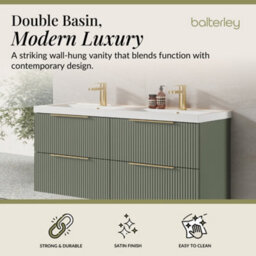 Balterley Fluted Front Wall Hung 4-Drawer Bathroom Vanity Unit With Double Basin, 1200mm, Satin Green, Brushed Brass Handles - thumbnail 2