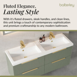 Balterley Fluted Front Wall Hung 4-Drawer Bathroom Vanity Unit With Double Basin, 1200mm, Satin Green, Brushed Brass Handles - thumbnail 4