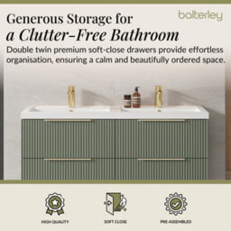 Balterley Fluted Front Wall Hung 4-Drawer Bathroom Vanity Unit With Double Basin, 1200mm, Satin Green, Brushed Brass Handles - thumbnail 3
