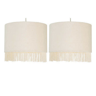 First Choice Lighting Set Of 2 Fringed Off White 23Cm Fringed Velvet Pendant Shades - image 1