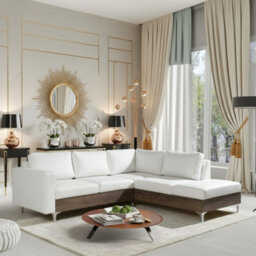 Orlando Wood Corner Sofa For Living Room With Metal Legs Wooden Frame And Cushions 2355X212X85 Cm White And Monastery Right