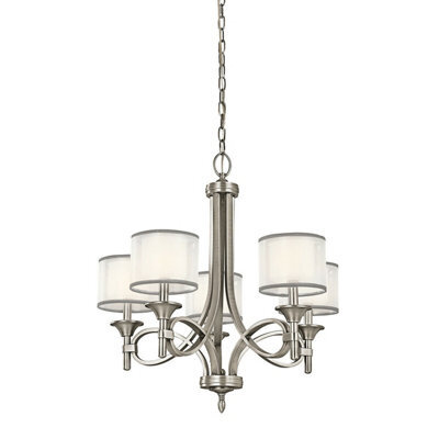 Elegant 5 Bulb Chandelier Ceiling Light With White Organza Shade In Antique Pewter Finish