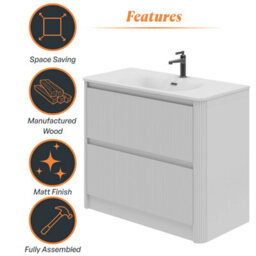 Plum&clay Isla Ribbed Fluted White 2 Drawer Freestanding Bathroom Vanity Unit & White Basin Set (W)1000mm - thumbnail 6