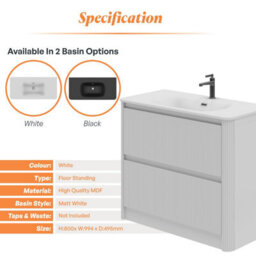 Plum&clay Isla Ribbed Fluted White 2 Drawer Freestanding Bathroom Vanity Unit & White Basin Set (W)1000mm - thumbnail 5