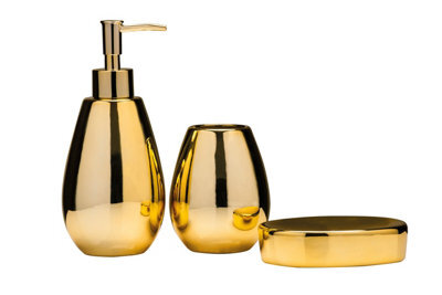 Orsina Dolomite Gold 3 Piece Bathroom Set, Ceramic Bath Accessories Set, Soap Dispenser, Tumbler, And Soap Dish - image 1
