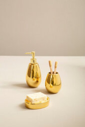 Orsina Dolomite Gold 3 Piece Bathroom Set, Ceramic Bath Accessories Set, Soap Dispenser, Tumbler, And Soap Dish - thumbnail 3