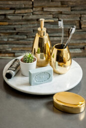 Orsina Dolomite Gold 3 Piece Bathroom Set, Ceramic Bath Accessories Set, Soap Dispenser, Tumbler, And Soap Dish - thumbnail 2
