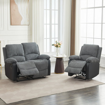 Manual Reclining Sofa Set, Corduroy Fabric Recliner Sectional Sofa Suite - 1+2 Sofa Set - image 1