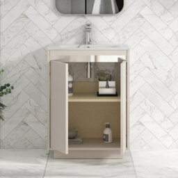Royal Bathrooms Orion 600mm Warm Taupe 2 Door Floor Standing Bathroom Vanity Unit With Carrara White Basin & Chrome Accent Trim - thumbnail 4