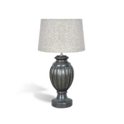 Solid Wood Table Lamp With Fabric Shade Grey Finish Carved Baluster Base For Living Room Or Bedroom - image 1