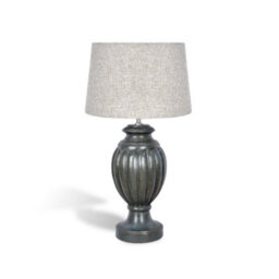 Solid Wood Table Lamp With Fabric Shade Grey Finish Carved Baluster Base For Living Room Or Bedroom