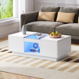 Btm White Led Coffee Table With Storage, 2 Tiers & 2 Drawers, Modern Center Table For Large Living Room - thumbnail 9