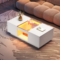 Btm White Led Coffee Table With Storage, 2 Tiers & 2 Drawers, Modern Center Table For Large Living Room - thumbnail 1