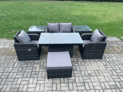 Fimous Outdoor Rattan Furniture Garden Dining Set Height Adjustable Rising Lifting Table Love Sofa With 2 Side Tables - image 1
