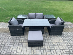 Fimous Outdoor Rattan Furniture Garden Dining Set Height Adjustable Rising Lifting Table Love Sofa With 2 Side Tables - thumbnail 2