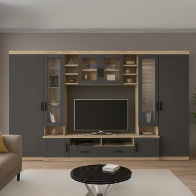 Paris Wall Unit Living Room Furniture Laminated Board Graphite Sonoma Led Lights - image 1