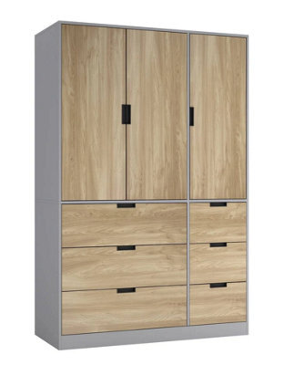 Urbn-Living Urbnliving Wooden 3 Door 6 Drawer Wardrobe Bedroom Storage Closet Shelves Hanging Rail Grey Unit Oak Doors Drawers - image 1