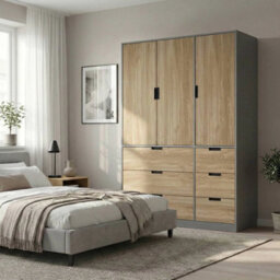 Urbn-Living Urbnliving Wooden 3 Door 6 Drawer Wardrobe Bedroom Storage Closet Shelves Hanging Rail Grey Unit Oak Doors Drawers - thumbnail 2