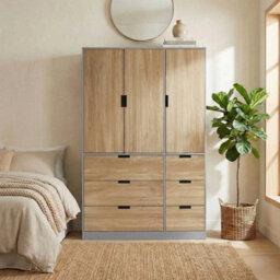 Urbn-Living Urbnliving Wooden 3 Door 6 Drawer Wardrobe Bedroom Storage Closet Shelves Hanging Rail Grey Unit Oak Doors Drawers - thumbnail 3