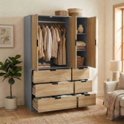 Urbn-Living Urbnliving Wooden 3 Door 6 Drawer Wardrobe Bedroom Storage Closet Shelves Hanging Rail Grey Unit Oak Doors Drawers - thumbnail 4